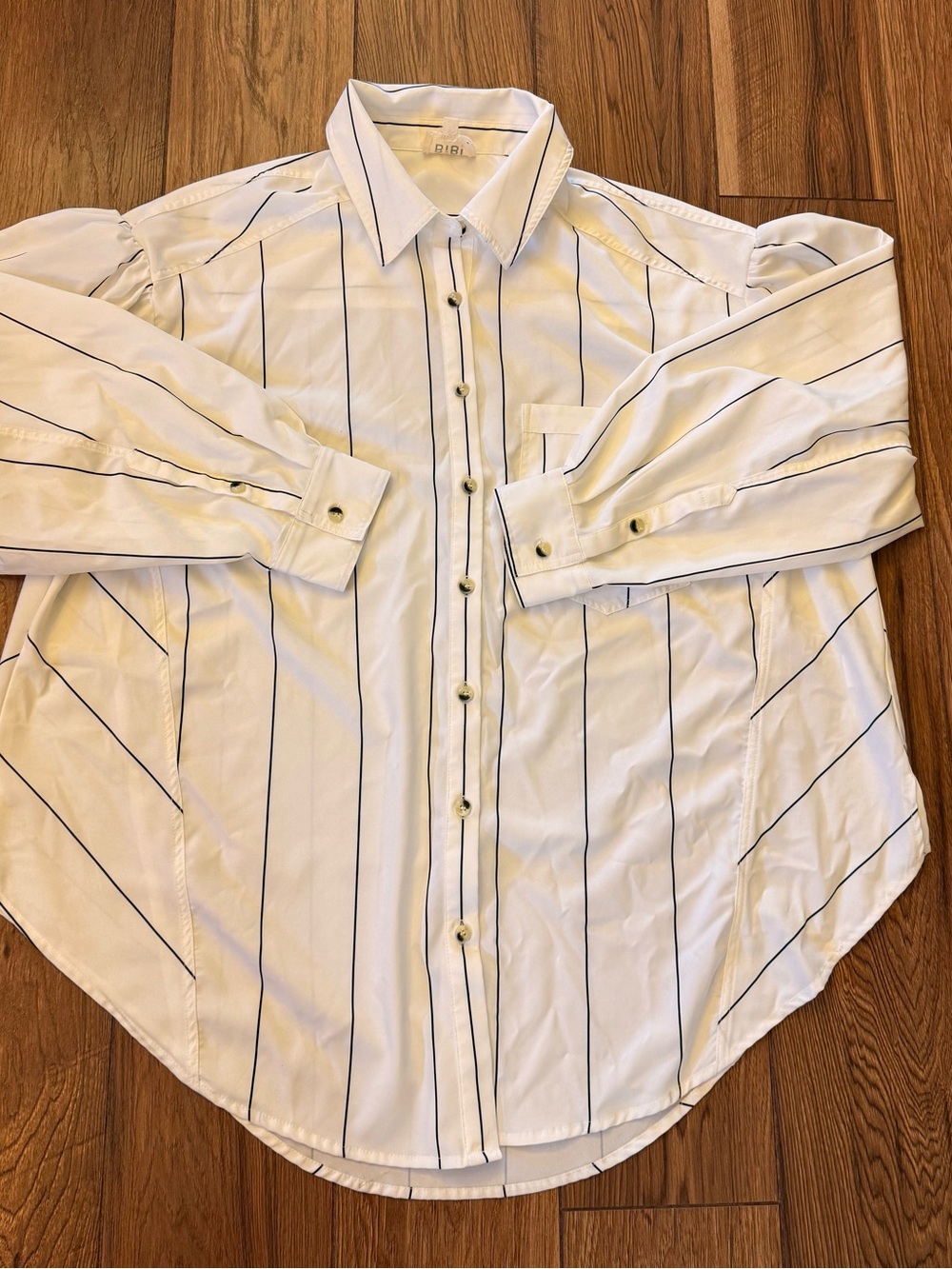BiBi White Button-Down Shirt with Navy Pinstripes